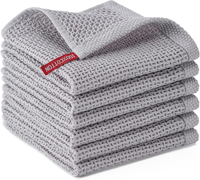 Kitchen Towels 6-Pack Kitchen Dish Cloths,100% Cotton,12x12 In,Light Grey | Towels Waffle Weave,Ultra Soft Absorbent, Quick Drying