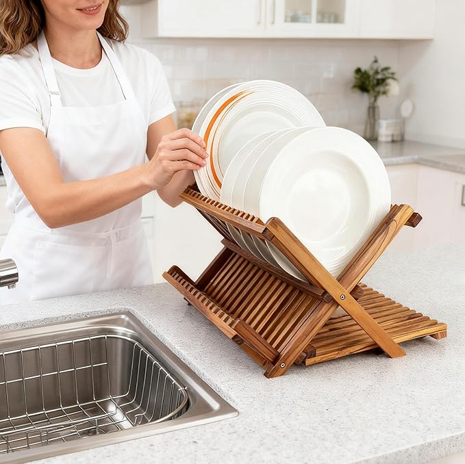 Utoplike Large Teak Dish Drying Rack, Wood Collapsible Organizer for Plates | 3 Tier Kitchen Dish Draine for Countertop, for Pasta Plates, Cups, Pots