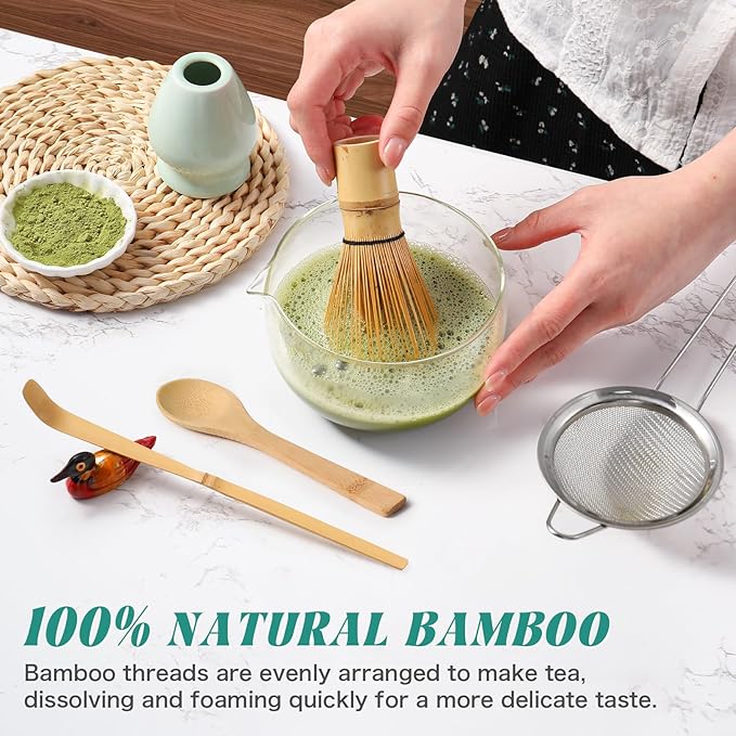 Matcha Whisk Set: Matcha Set with Bamboo Matcha Whisk and Ceramic Holder,Bamboo Scoop+Wooden Spoon,Scoop Holder,Sifter - Cute Matcha Tea Set - 6 Pcs Matcha Kit - Tools for Matchas Ceremonial Grade Kit