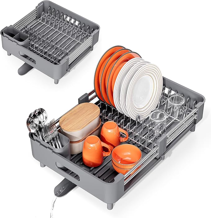 Urackify Extendable Stainless Dish Drying Rack for Kitchen Counter, Gray | 13.78"W x 18.7"L, Foldable Drainboard for Space Saving, Knife and Utensil Holder, Fast-draining Spout
