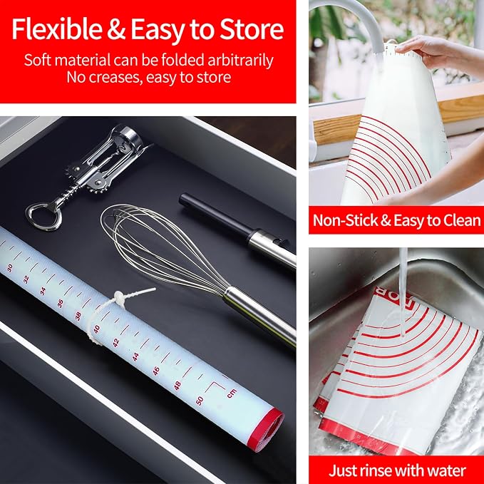 Silicone Baking Mat, 32x24 inch Non Stick Kneading Mat for Rolling Dough | Anti-slip, Heat Reststant, Dishwasher Safe, With Cable Ties &Crem Scraper, With Measurement
