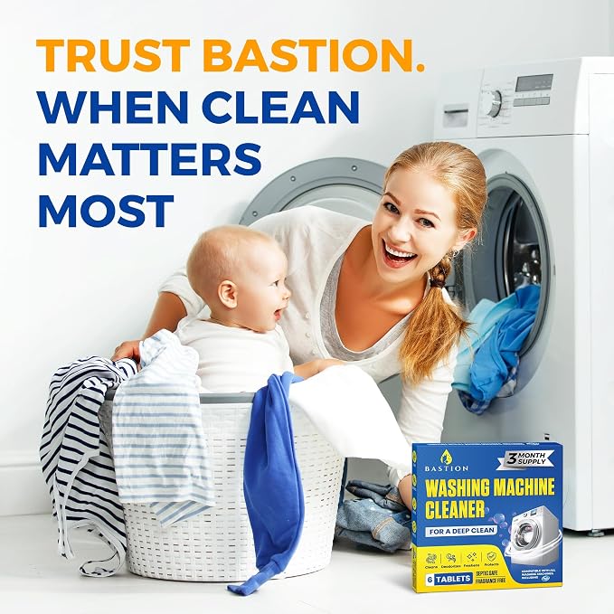 Bastion Washing Machine Cleaner, Deodorizer, & Descaler 6-Pack - Active Deep Cleaning Tablets For HE Front Loader & Top Load Washer, Septic Safe Eco-Friendly - 3 Month Supply