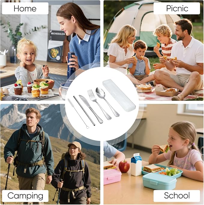 Travel Camping Utensils with Case, 6 Pcs Reusable Stainless Steel Silverware Cutlery Set, Spoon, Fork, Knife + Straw/Brush Kit for Camping, Travel, Office, Lunch Box, Eco On-the-Go (silver)