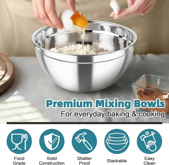 TeamFar Mixing Bowls, Stainless Steel Nesting Salad Bowls & Airtight Lids | For Serving/Mixing/Storing, Healthy & Heavy-duty, Dishwasher Safe & Easy Clean, 4.6/3 / 1.5 QT, Navy Blue