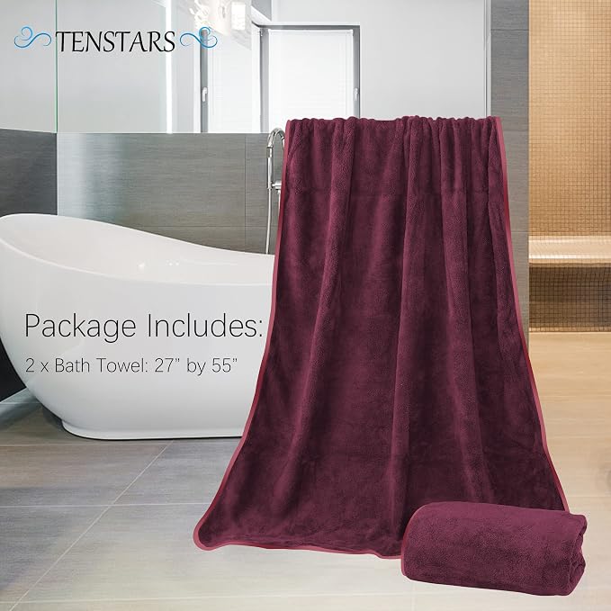 TENSTARS Silk Hemming Bath Towels for Bathroom Clearance - 27 x 55 inches - Light Thin Quick Drying - Soft Microfiber Absorbent Towel for Bath Fitness, Sports, Yoga, Travel, Gym - 2 Pack, Burgundy