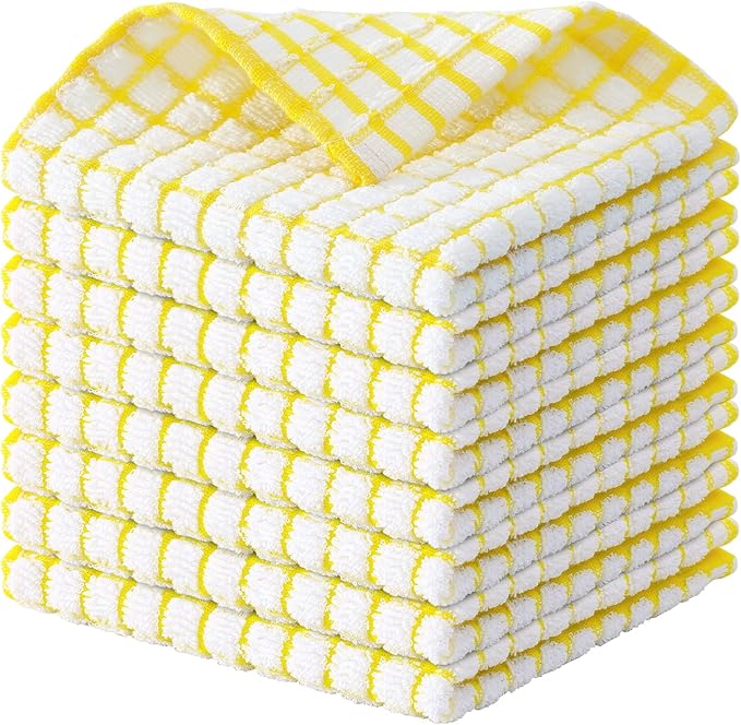 Kitinjoy Cotton 8 Pack Terry Kitchen Dish Cloths, Yellow | 12 x 12 Inches Super Soft and Absorbent Dish Rags, Quick Drying Dish towels for Washing Dishes