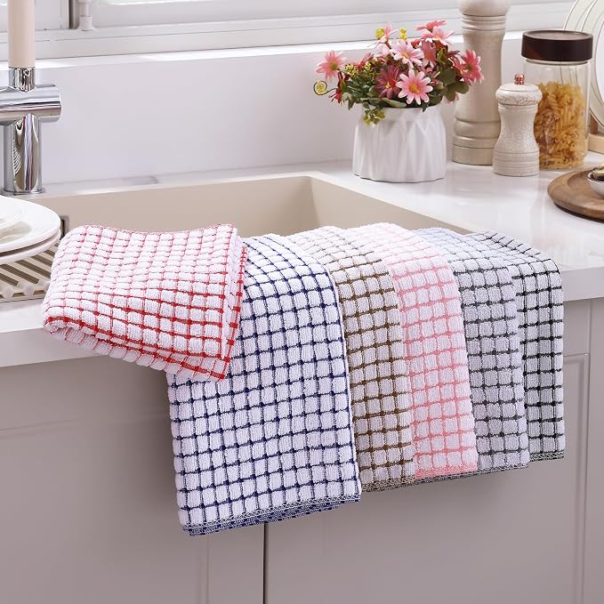 Mordimy Cotton 6 Pack Terry Kitchen Towels, 16 x 25 Inches | Super Soft and Absorbent Dish Towels, Quick Drying Hand Towels for Kitchen Drying, Black/Grey/Blue/Pink/Red/Brown