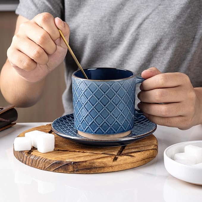 GBhome 6 OZ Stackable Coffee Mugs Set of 4, Ceramic Coffee Cups Set | 4 Assorted Designs, Embossed Mugs with Texture Patterns for Espresso/Tea, Dishwasher&Microwave Safe, Blue