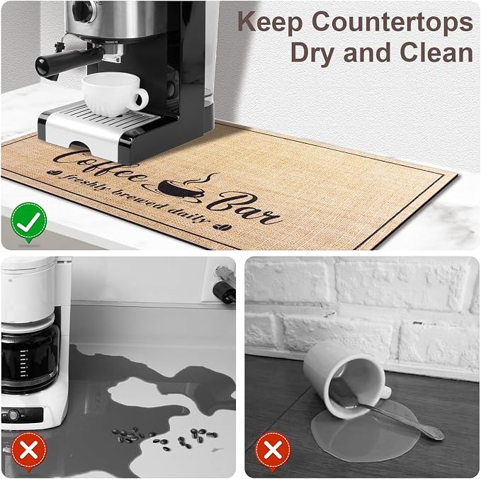 CooRug Fashion Coffee Mat, Dish Drying Mat 16" x 24" Beige | Hide Stain, Absorbent, Coffee Bar Accessories, Heat Resistant, Non-slip, Eco-friendly, Easy to Clean