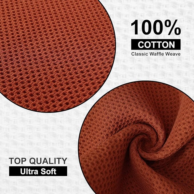 Kitinjoy 100% Cotton Waffle 6-Pack Kitchen Towels, 12" x 12", Rust | Ultra Absorbent, Super Soft, lightweight, Quick Drying Dish Rags for Washing Dishes