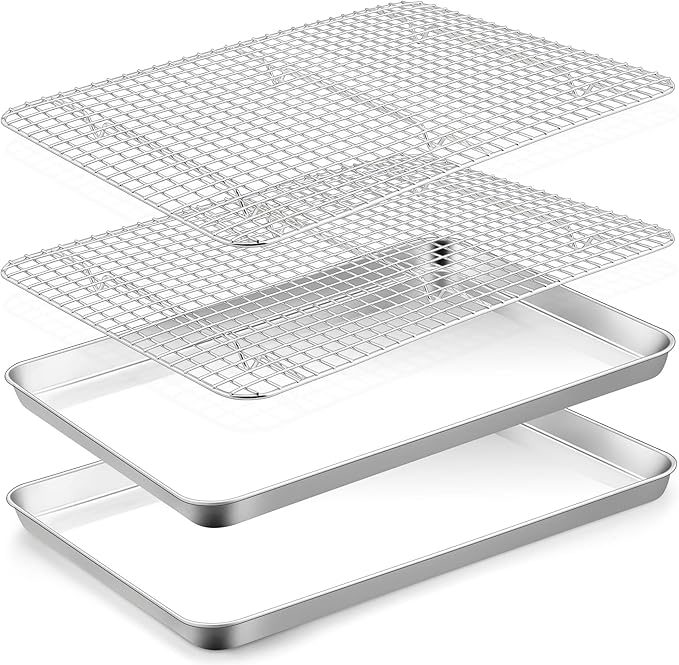 TeamFar Cookie Sheets with Cooling Racks, 2 Pans + 2 Racks, 17.6x13x1 Inch | Stainless Steel Half Size Baking Pan with Grid Rack for Baking Roasting Cooking, Non-Toxic & Heavy Duty, Dishwasher Safe
