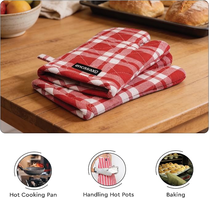 Encasa XO Oven Mitts, Heat Resistant Kitchen Gloves, Microwave | Franca Red Checks, 100% Cotton | Diamond Quilted Insulation | Pot Holders | Hanging Loop | Barbecue & Grill | Set of 2