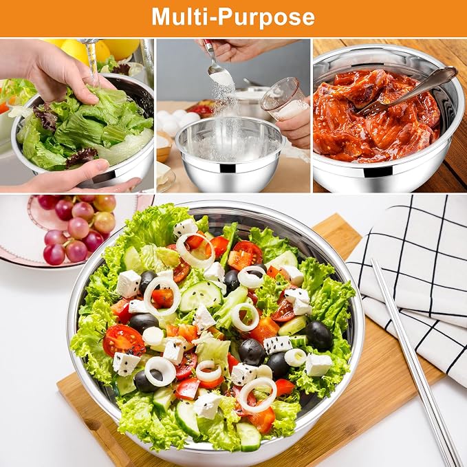 E-far Mixing Bowls with Lids Set, 6-Piece Stainless Steel Salad Bowls | Metal Nesting Cooking Bowls with Airtight Lid for Kitchen Storage, Baking & Prepping, Dishwasher Safe, 1.5/3/4.5 QT, Colorful