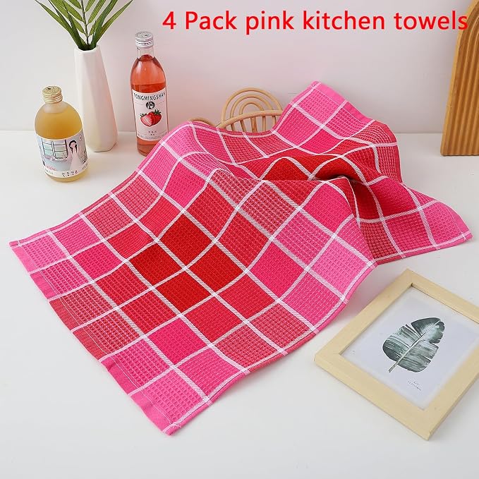 Bright Large Kitchen Towels, 4-Pack, 16 Inch x 26 Inch Buffalo Check Dish Towels for Washing Drying Dishes, Colorful Waffle Design Tea Towel Bar Towel (Pink)