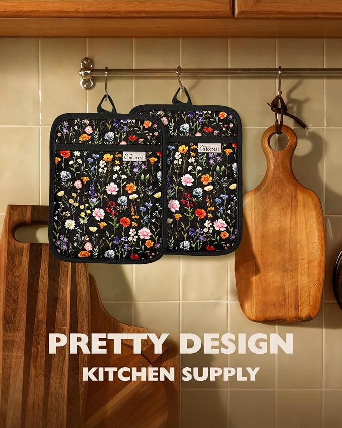 100% Cotton Pot Holders Textured Soft Silicone Black Floral | Stylish Pot Holders 2pcs, Machine Washable Non-Slip Heat Resistant Hot Pads & Oven Mitts 2-in-1, Practical Kitchen Decor