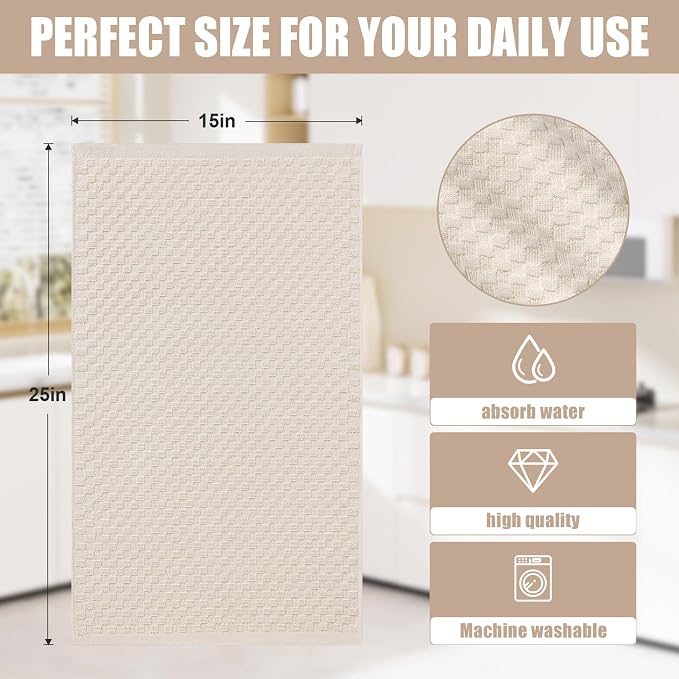 Homaxy 100% Cotton Terry Kitchen Towels(15" x 25", 12 Pack), Beige | Soft and Super Absorbent Dish Towels, 380 GSM Reusable Tea Towel with Hanging Loop, Pineapple Grid Designed