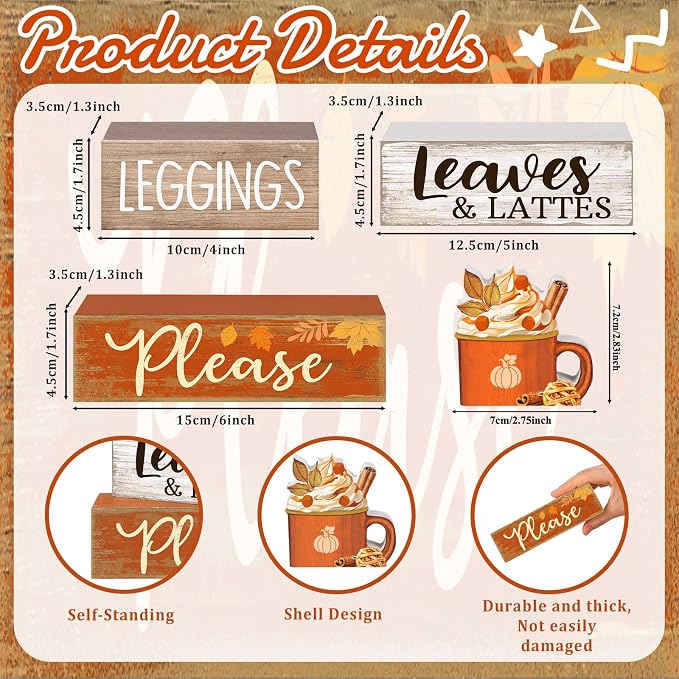 Lineshading 4 Pcs Fall Wood Block Signs Farmhouse Tiered Tray Decor Lattes | Rustic Tabletop Home Styling, Stacked Design with Pumpkin Cup Topper, Autumn Leaves Theme for Seasonal Gifting Display