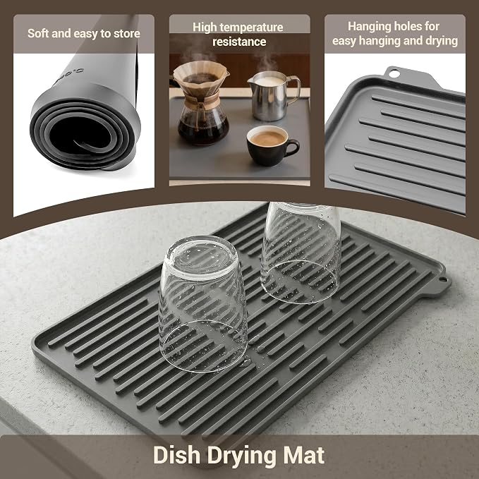 ZJWZLG Silicone Coffee Mat for Countertop, 24x16 inch Heat Resistant Espresso Machine Mat, Non-Slip Coffee Bar Mat with Detachable Drying Area and Raised Edge, Waterproof Station Pad - Grey