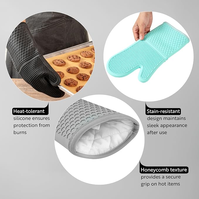 Restaurantware 2-Piece Oven Mitt Gloves Set 1 Case of 4.33 x 3.5 Inch Silicone Pot Holders, Heat Resistant Kitchen Finger Grips, Textured Grip Gray Cooking Mitts, Waterproof Hot Plate Holders