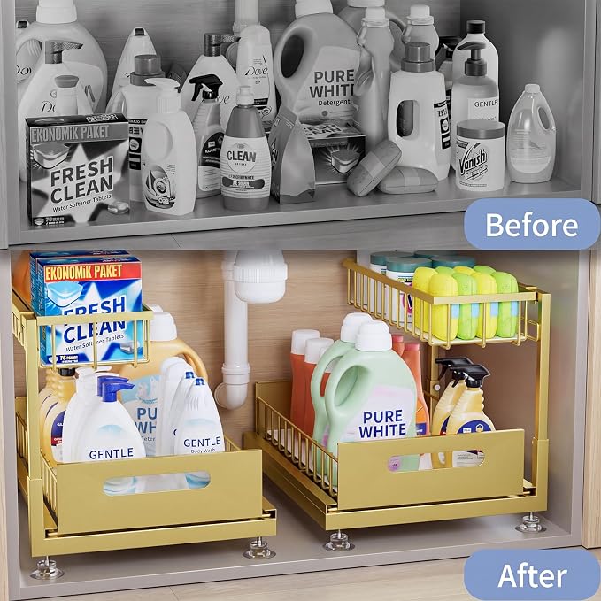 2-Pack L-Shaped Under Sink Organizer, 2-Tier Pull-out Cabinet Rack | Gold Height-Adjustable Steel Rack, Sliding Grid Drawers with PP Liners, Holds 100 Lbs, Suction Base, Ideal Kitchen Storage