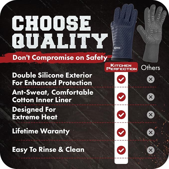 KITCHEN PERFECTION S Silicone Smoker BBQ Gloves - Heat Resistant Oven Mitts | Waterproof, 5-Finger Design For A Better Grip, for Pitmasters, Meat Smoking, Grilling, Cooking, Frying Turkey | Grill Gift