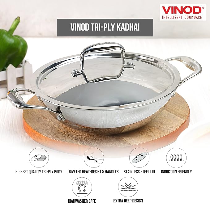 Vinod Platinum Triply Kadai with Lid, Extra Deep, 18cm, for Home Kitchen | Induction And Electric Friendly Stainless Steel Wok; Suited For Indian Sauces, Stews And Soups