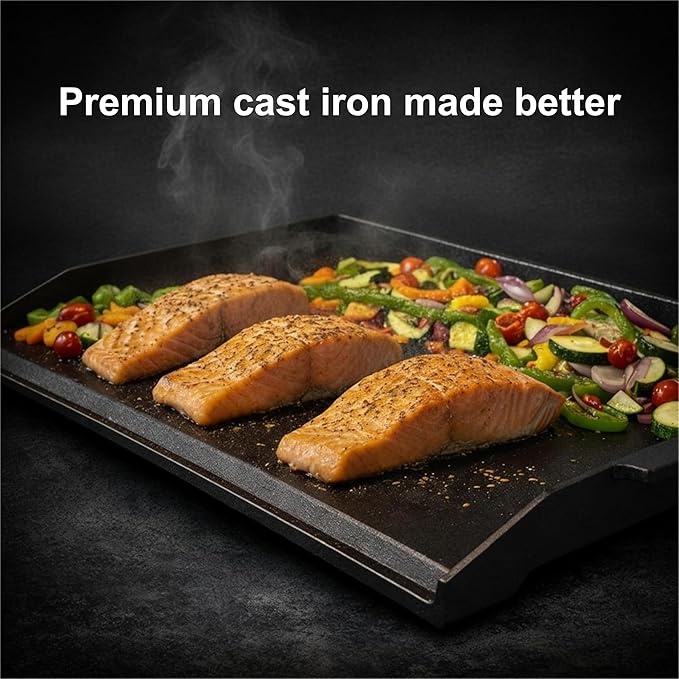 QuliMetal 23 x 16 Inch Cast Iron Griddle for Gas Grills and Stove Tops | Universal flat-top griddle with pre-seasoned coating and X-shaped reinforced base for camping, tailgating and backyard BBQs