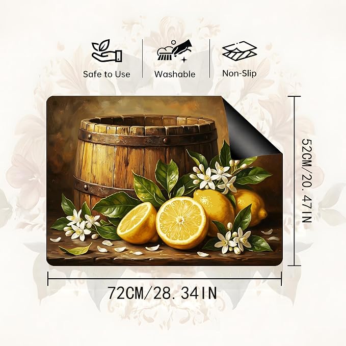 Lemon Floral Stove Top Cover 28.3 x 20.5 Inch, Rustic Farmhouse Glass Cooktop Protector Mat, Vintage Citrus Barrel Electric Range Cover for Kitchen Counter Decor (Lemon Yellow)