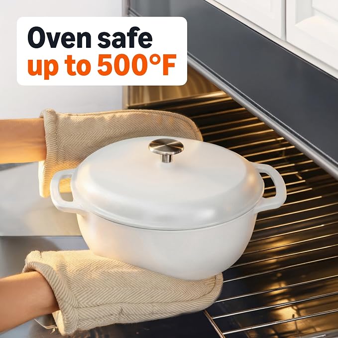 Amazon Basics Enameled Cast Iron Dutch Oven Pot with Lid, Round, Dual Handles, Heavy-Duty, Oven Safe for Stews, Roasting, Baking, 7.3-Quart, Matte White