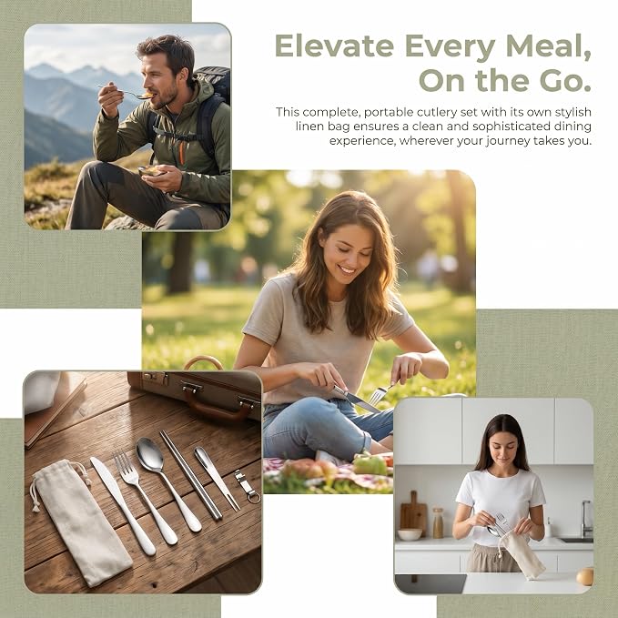6 Pcs Portable Utensils Set Case Stainless Steel Travel Cutlery Flatware | Portable Cutlery Set, Fork Knife Spoon Chopsticks Silverware for Lunch Box Travel Camping Picnic, Dishwasher Safe Easy Clean