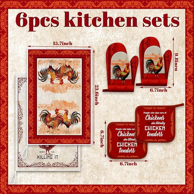 Leinuosen 6 Christmas Red Rooster Farmhouse Kitchen Decor Dish Towels Oven Mitts and Pot Holders Sets Chicken Kitchen Towels Absorbent Decorative Accessories for Cooking Baking Grilling