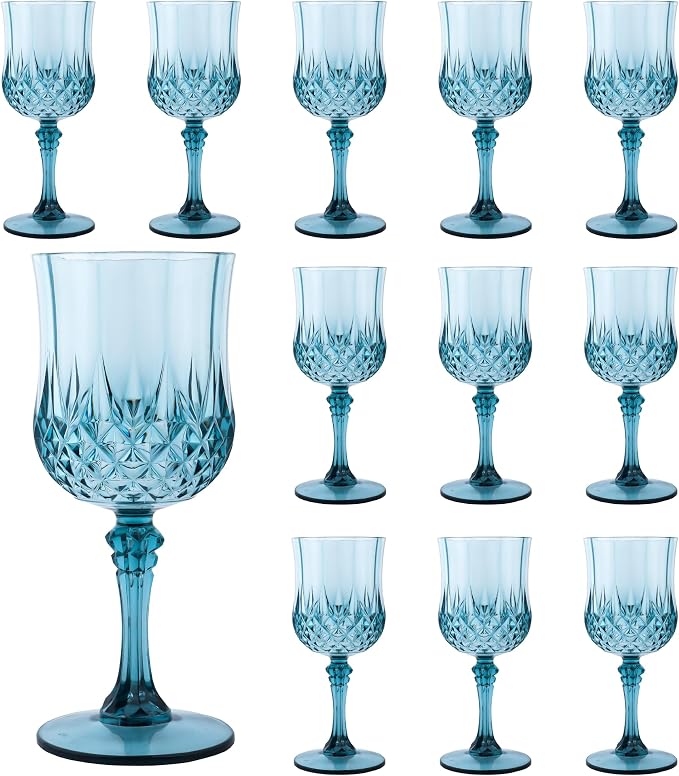 12Pack Plastic Wine Glasses, 7oz Vintage Goblets for Wedding | Unbreakable Crystal Style Reusable Stemware, Elegant Dusty Blue Drinking Glass for Party Anniversary & Holiday Celebration