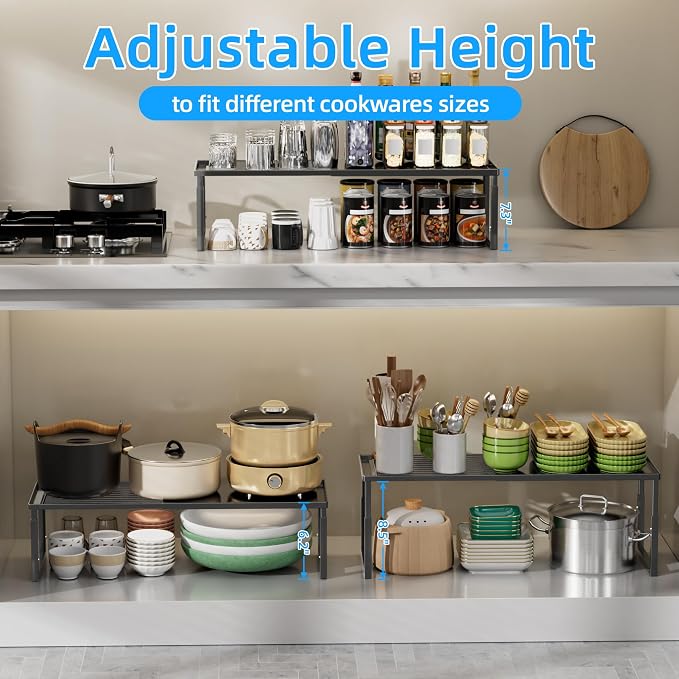 Cabinet Shelf, 1 Pack Expandable Shelf for Kitchen Storage | Stackable & Height Adjustable Cabinet Organizer Shelf | Metal Shelf Organizer | Black Spice Rack for Pantry Storage