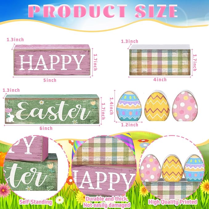 Lineshading 4 Pcs Easter Wooden Block Signs, Farmhouse Tiered Tray Decor | Includes 3 Painted Eggs and Happy Easter Sign Blocks, Rustic Wood Finish for Spring Home Mantle Shelf Centerpiece