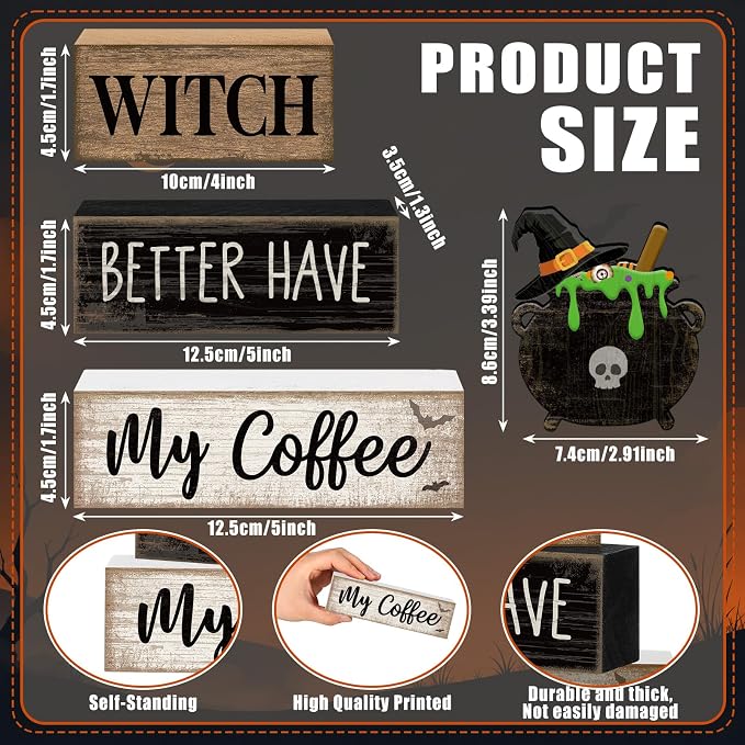 Lineshading 4 Pcs Halloween Witch Wooden Block Signs Farmhouse Tabletop | Rustic Tiered Tray Decor with Cauldron Topper, Coffee Bar Signs for Kitchen Counter, Farmhouse Home Halloween Decorations