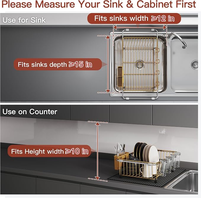 JASIWAY Gold Dish Drying Rack in Sink with Mat, Cups and Utensil Holder | Use Over the Sink or Counter, Stainless Steel Expandable Dish Drainer for Small Kitchen, Space Saving, Fast Drain, Rustproof