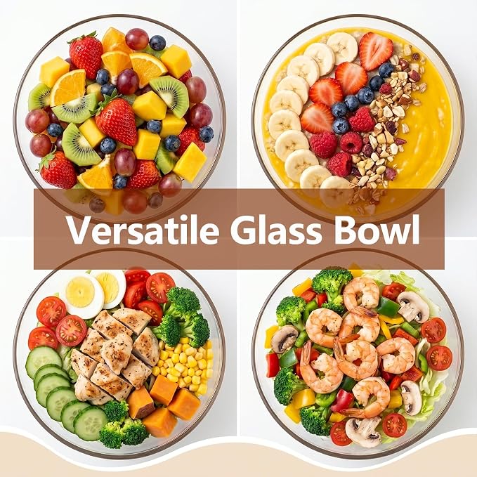 Large Glass Salad Bowl Set with Acacia Wood Base | Salad Bowl Wood Serving Utensils Included for Family Dinners, Parties, Gatherings, Multipurpose Oversize Glass Bowl for Salad