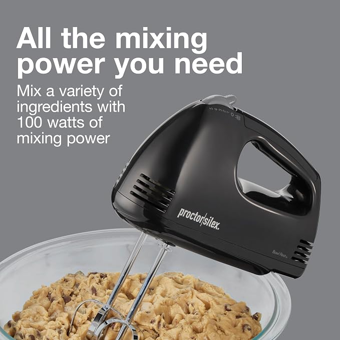 Proctor Silex Easy Mix 5-Speed Electric Hand Mixer with Bowl Rest | Compact and Lightweight | 100 Watts of Peak Power | Black | 62507PS