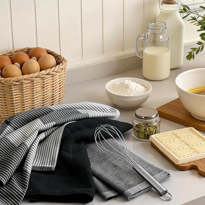 Homaxy 3 Pack Cotton Terry Premium Kitchen Towels, 18 x 28 in, Black | Large 380 GSM Dish Towels, Highly Absorben Flat & Terry Kitchen Hand Towels, Soft Utility Tea Towel Set with Hanging Loop