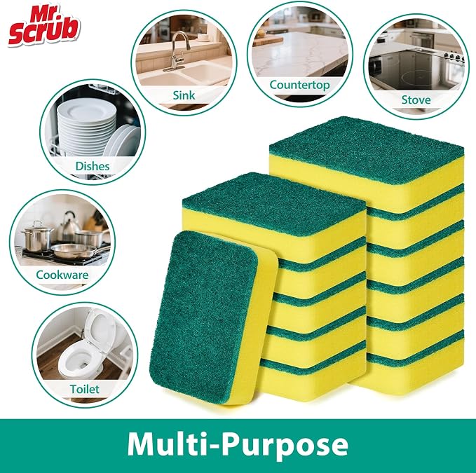 Mr. Scrub Sponges Kitchen Scrub Dish Sponge Scouring Pad, 48 Pack Cleaning Brush Scrubber Supplies for Soap, Dishwashing Dinnerware Sets Pan Pot Towels Cloth Rags Holder Glass Dishwasher Sink Bathroom