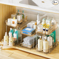 Delamu 2-Tier Under Sink Organizers and Storage, Multi-Purpose Stackable Bathroom Cabinet organizers, Pull Out Kitchen Pantry Organization and Storage with Dividers(3 Pack, Amber)