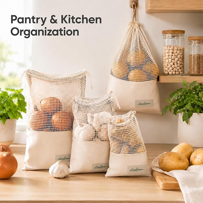 Multi-Purpose DrawString Bags - Canvas and Cotton Mesh Bags | Reusable Grocery, Laundry, Travel Organizer