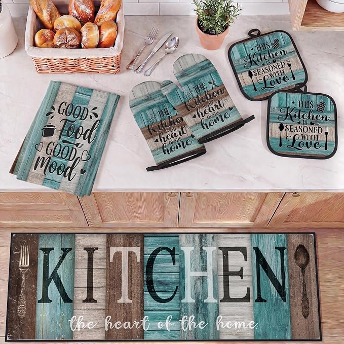 10 Pcs Kitchen Decor and Accessories Set, Turquoise Teal | 4 Dish Towels Kitchen Rugs 2 Oven Mitts 2 Pot Holders, Home Decor for Cooking Baking BBQ Gifts Women Mom Housewarming