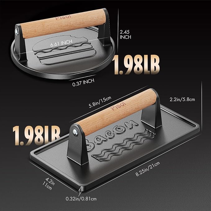 Pisol Pre-Seasoned Cast Iron Smash Burger Press, 2 lb Meat Press Tool, 2PCS | Rustproof, Pre-Seasoned, Flat Bottom, Wooden Handle, Dishwasher Safe, No Stick, Easy to Clean, 6.6'' Wide, 2lb