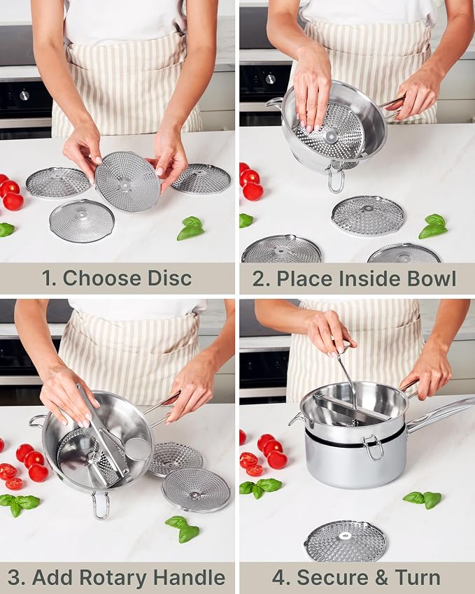 Hungry Artisan 4-Disc Food Mill for Jams, Purees & Silky Sauce | Stainless steel, ergonomic rotary crank; also for tomato sauce, canning, applesauce, baby food, berries & mashed potatoes