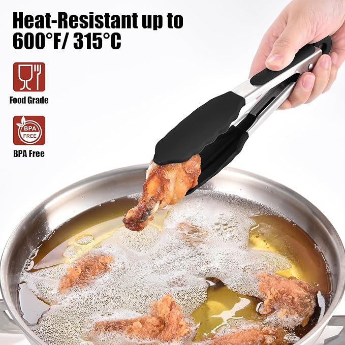 Doosu Kitchen Tongs with Silicone Tips for Cooking Serving (7in, Black) | 600°F Heat Resistant Food Tong, Heavy Duty Stainless Steel Locking Tong for BBQ, Grilling Steak, Salad, Toast, Pasta