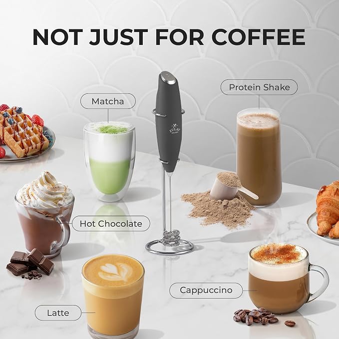 Zulay Kitchen Powerful Milk Frother Wand With Duracell Batteries - Ultra Fast Handheld Drink Mixer - Electric Whisk Foam Maker for Coffee, Lattes, Cappuccino & Matcha - Triple Whisk - Onyx Slate