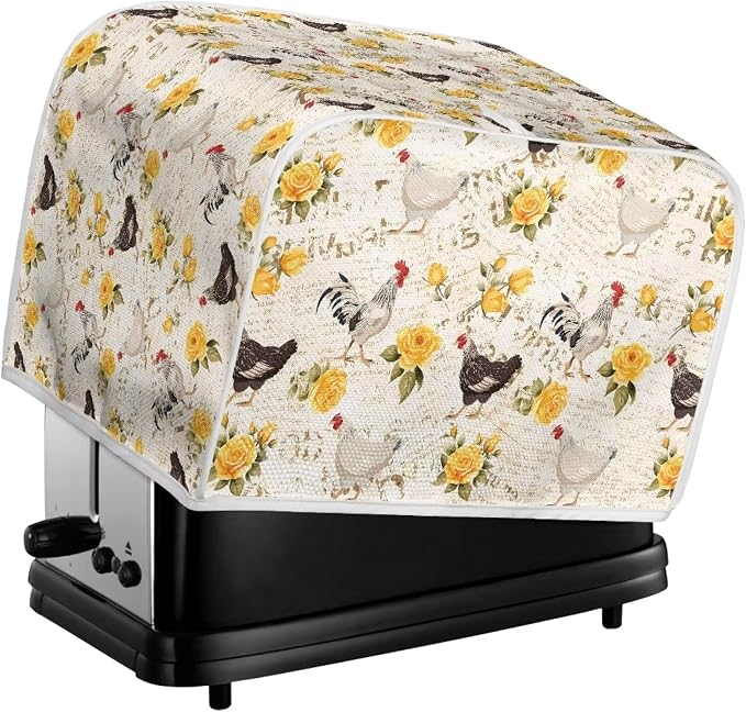 Flowers Rooster Printed Toaster Cover 4 Slice Long Slot, Vintage Bread Maker Cover Washable Dust Protection Kitchen Small Appliance Covers with Top Hook