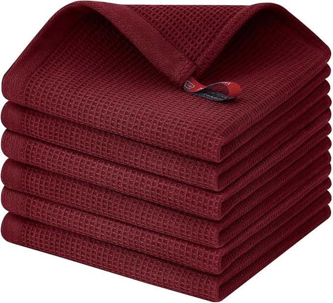 Homaxy 100% Cotton Waffle Weave Dish Cloths, 6 Pack, Burgundy | Soft and Absorbent Dish Towels, 12 x 12 Inches Quick Dry Dish Rags
