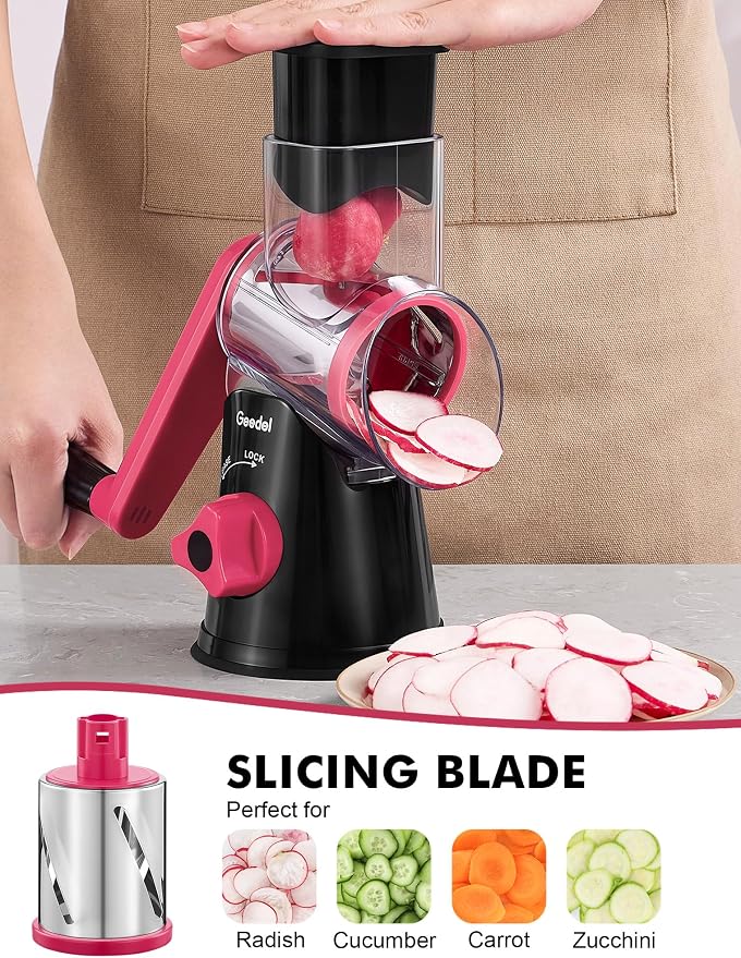 Geedel Rotary Cheese Grater Hand Crank, Cheese Shredder Vegetable Slicer | 3 Blades, 430 Stainless Steel, 12x Fast Cutting, Strong Suction Base, No BPA, Dishwasher Safe, for Cheese, Veggie, Nut
